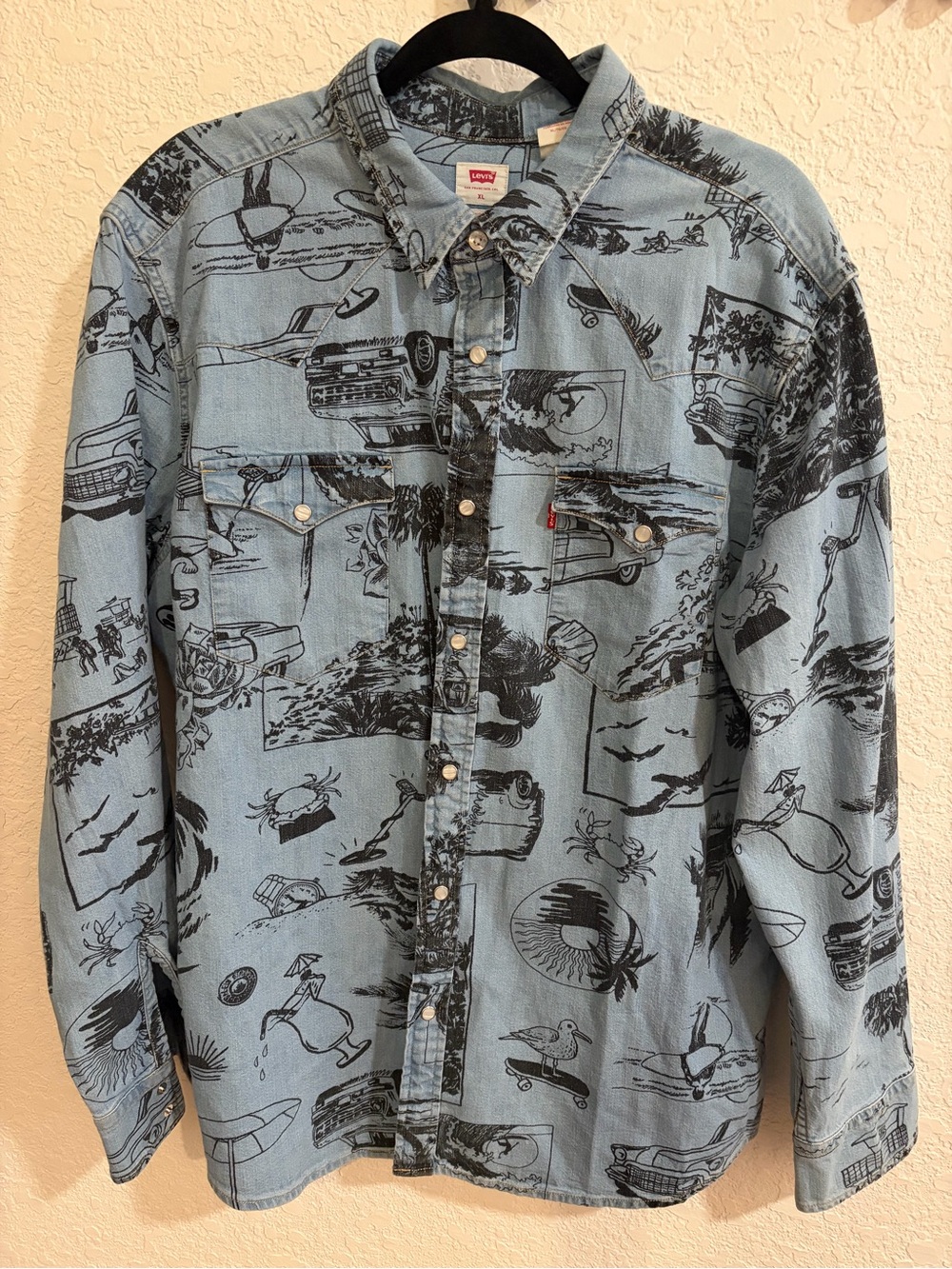 Levi’s WESTERN XL Blue Shirt Beach Surf Vtg Cars Cocktail Blue PEARL SNAP